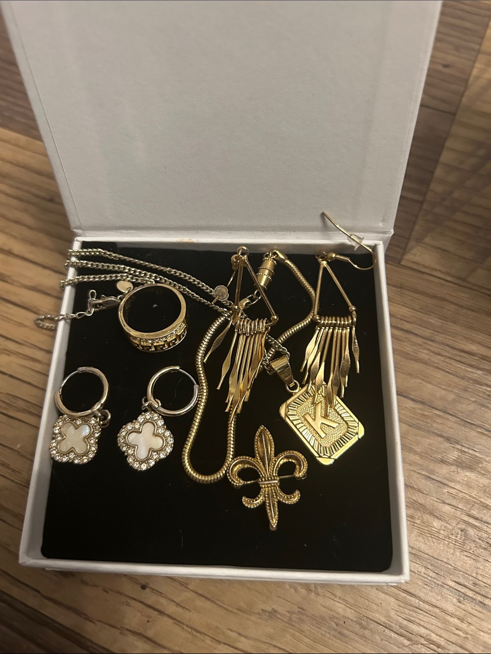 Gold Square K Pendant Necklace earrings & ring  - jewelry bundle